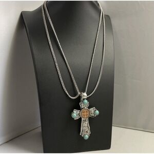 Vintage Cross Necklace Large Pendant Silver Tone 19" Double Chain Easter Jewelry